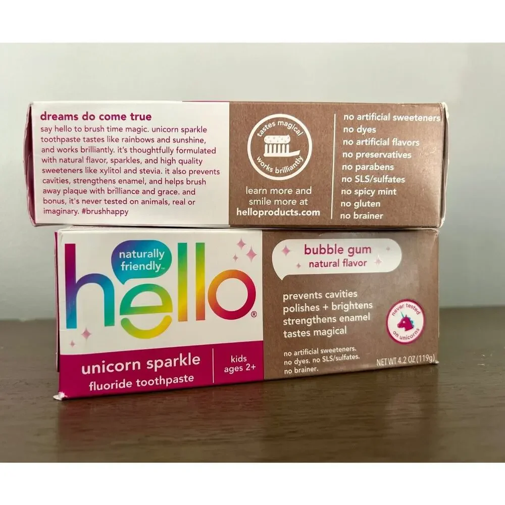2 PACK + Gift Hello Kids Fluoride Toothpaste, Vegan, Unicorn Sparkle Bubble Gum